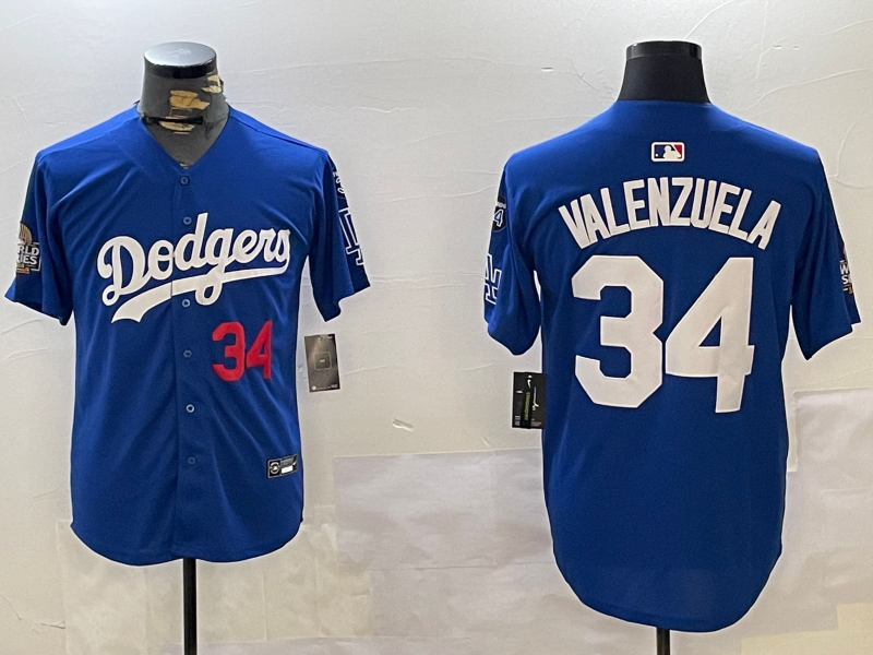Men Los Angeles Dodgers 34 Valenzuela 2024 World series patch blue jersey 20241120125